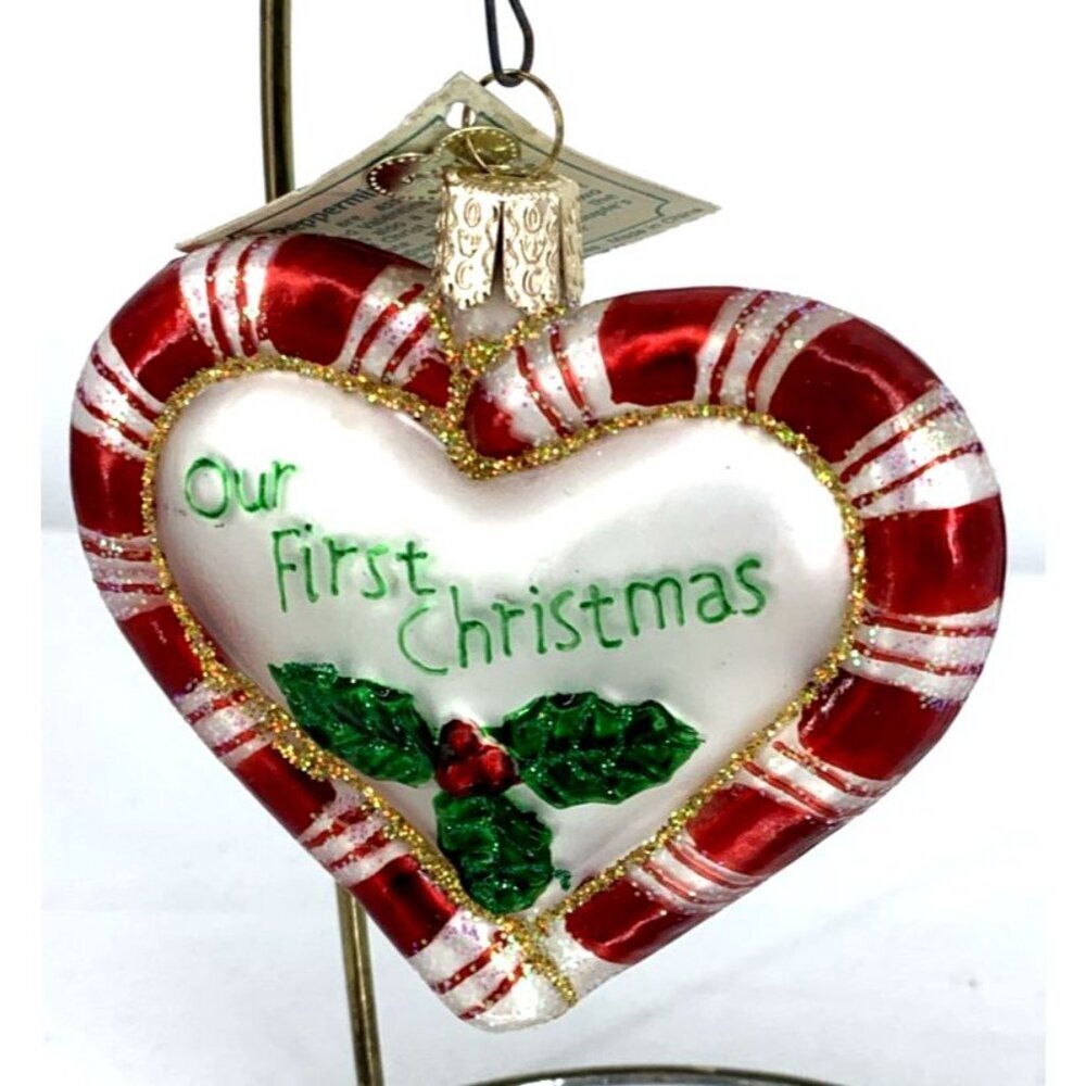 Old World Christmas Our First Christmas Peppermint Heart Blown Glass Ornament 3" - Picture 1 of 7